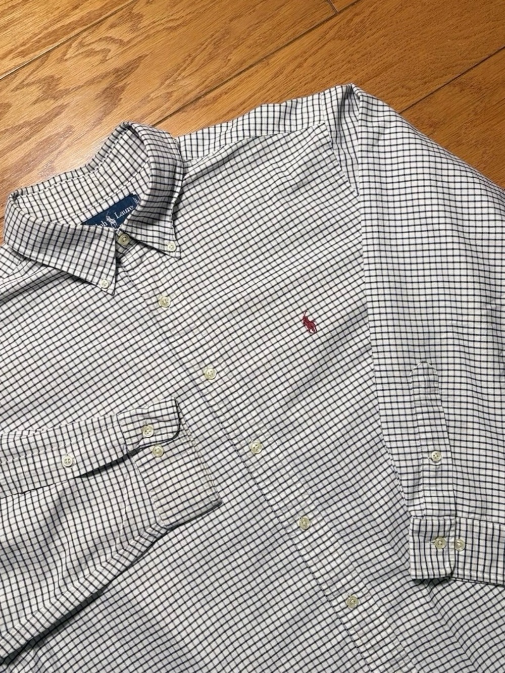 Ralph Lauren White Button-Down Shirt with Navy Grid and Red Pony